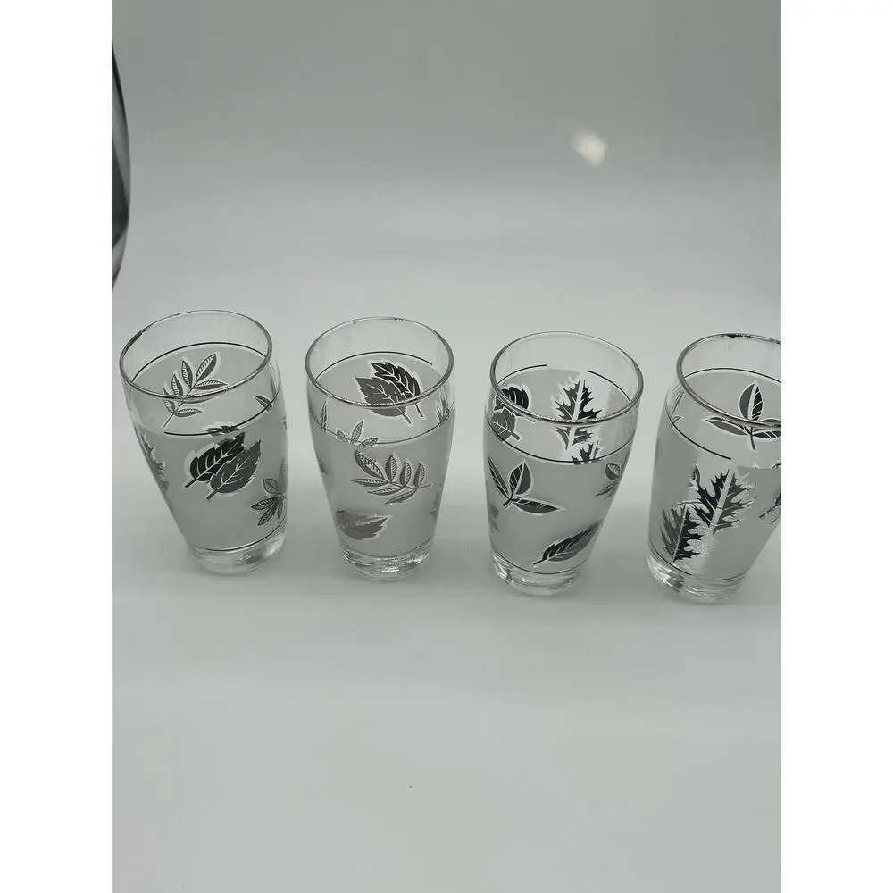 Libbey Frosted Leaf Drinking Glasses Set of 4 Silver Mid Century ~5.5” Tumblers